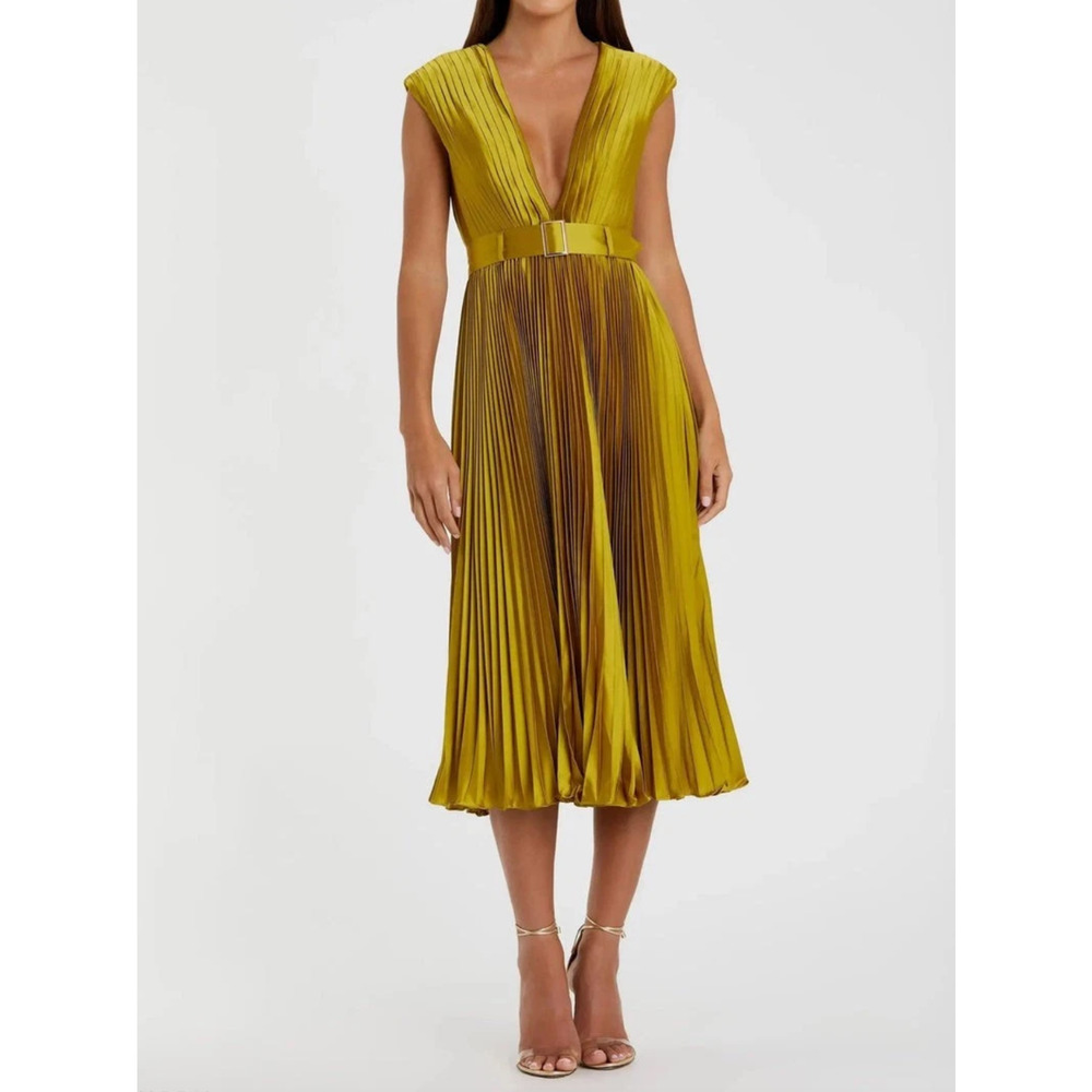 Ieena for Mac Duggal Pleated Belted A-Line Chartreuse Dress Style #26483 Size 10